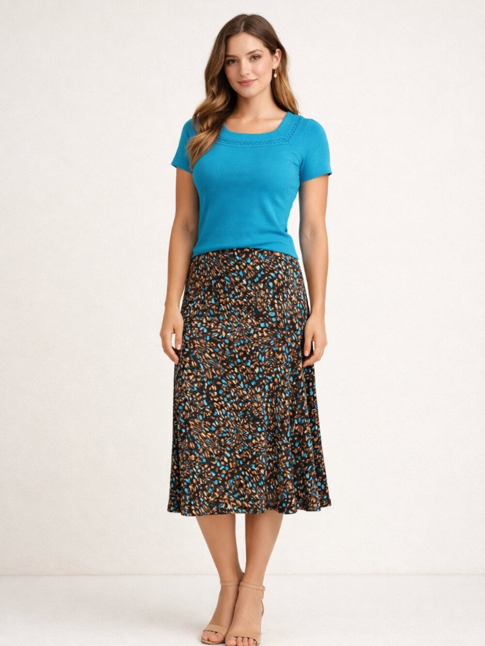 Sag Harbor Short-sleeve Top & Skirt Set in Brown, Tan & Teal/Turquoise, Size: PS